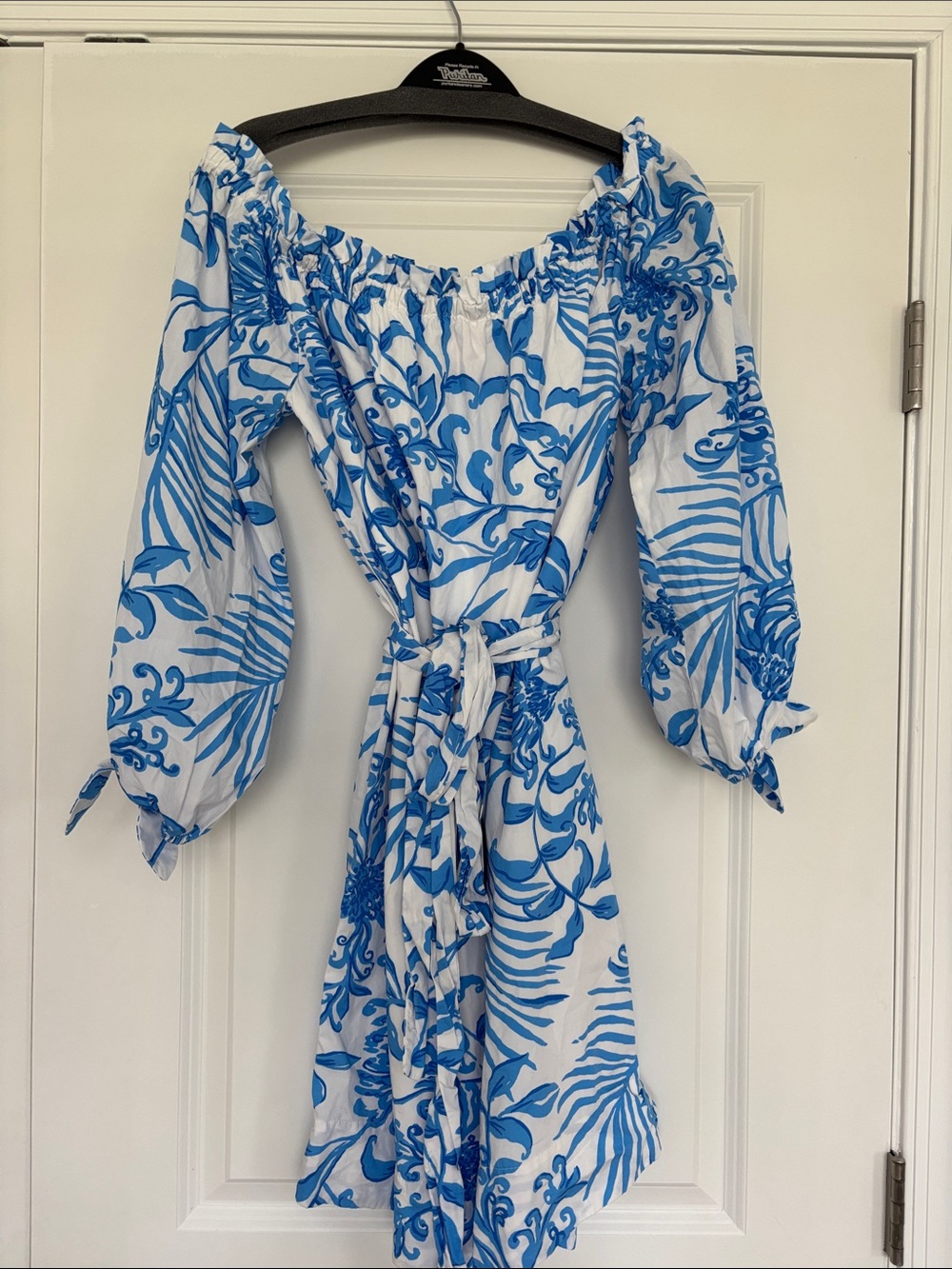 Lilly Pulitzer Jamielynn Off-Shoulder Blue & White Floral Tie-Waist Dress